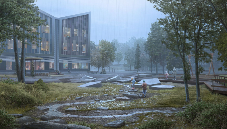 Bild: Nya Torslandaskolan – Göteborgs stad, illustration Floden